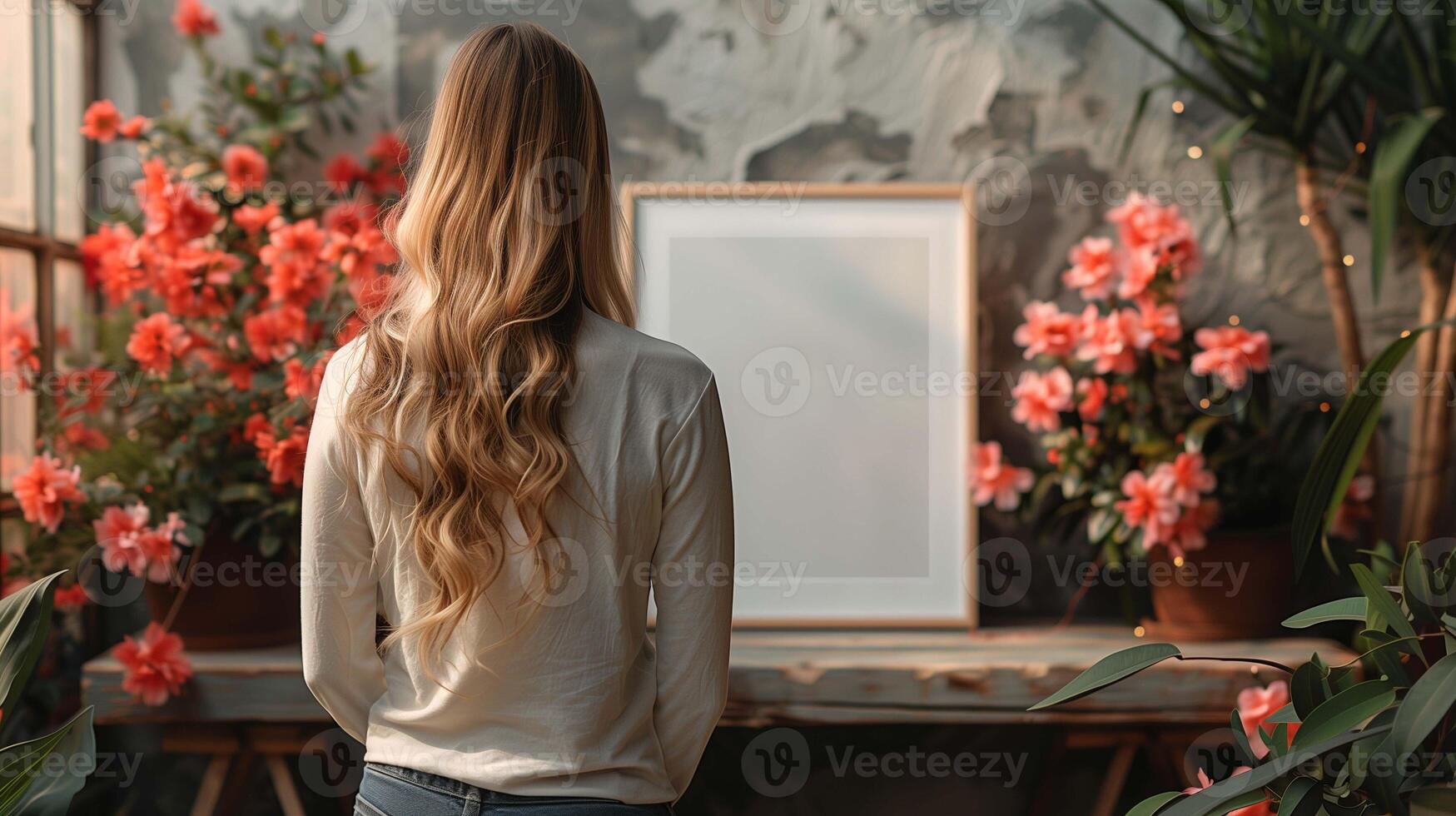 Woman looking at picture mockup and flowers in rural house. Female standing by photography template advertising image. Memory concept with drawing mock up product photorealistic photo