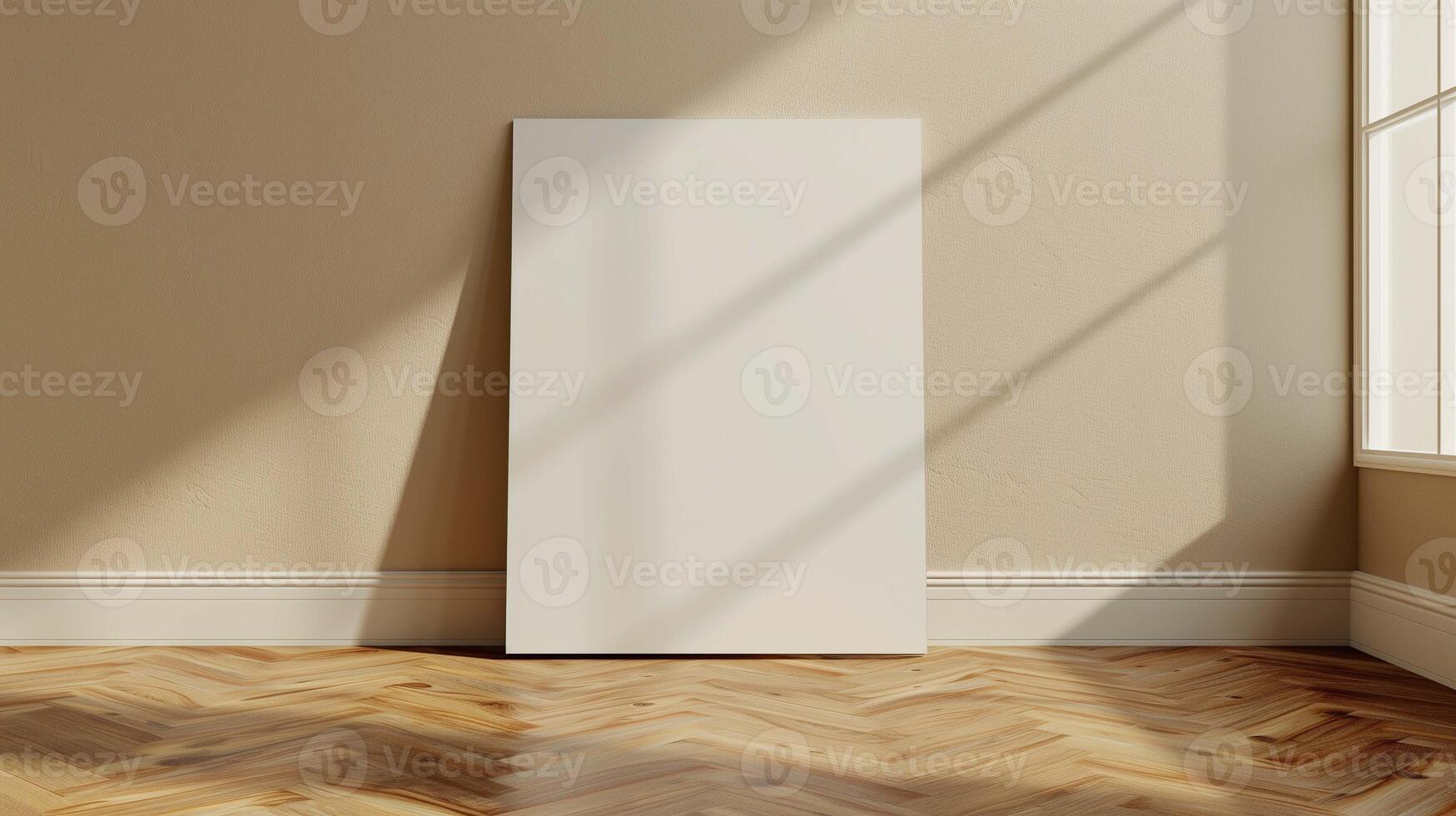 Artist picture mockup in floor at sunlight. Art poster template near beige wall in empty room advertising image. Minimalist house interior with painting mock up product photorealistic photo