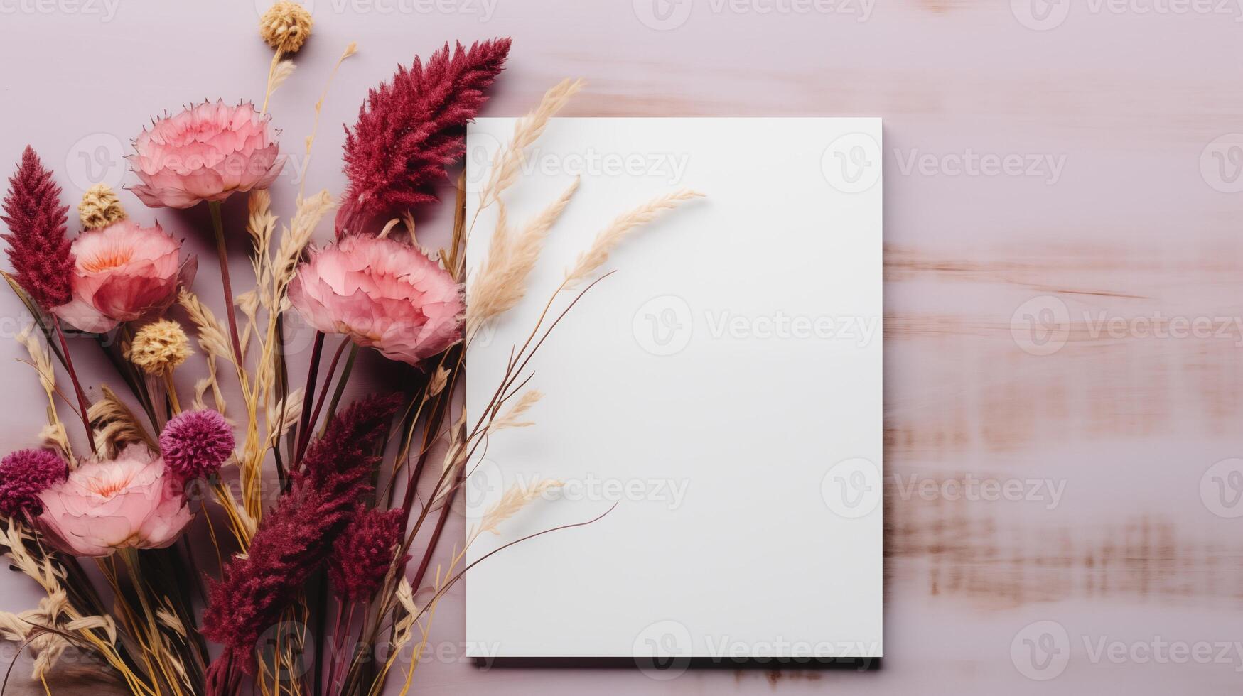 Blank card mockup with vibrant pink and red wildflowers on textured wooden. Wild flowers romantic display template advertising image. Floral-themed mock up product photorealistic photo