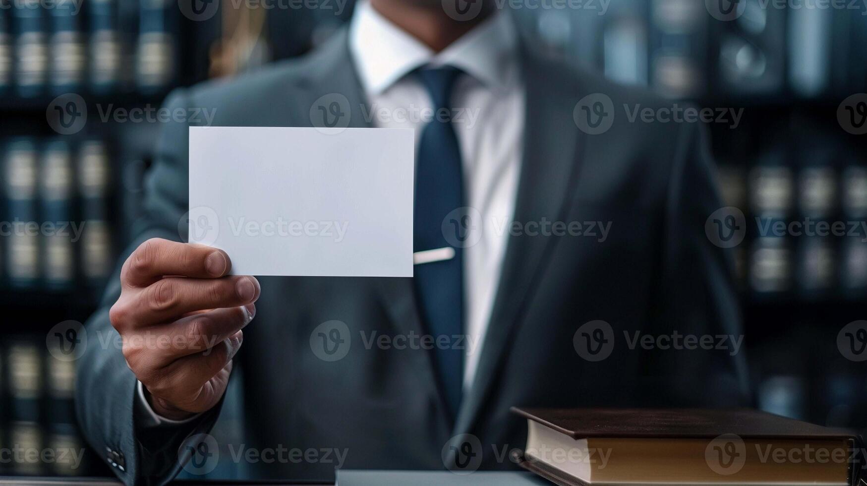 Businessman showing business card mockup in office. Company manager with banner template advertising image. Man demonstrating commercial flyer mock up product photorealistic photo