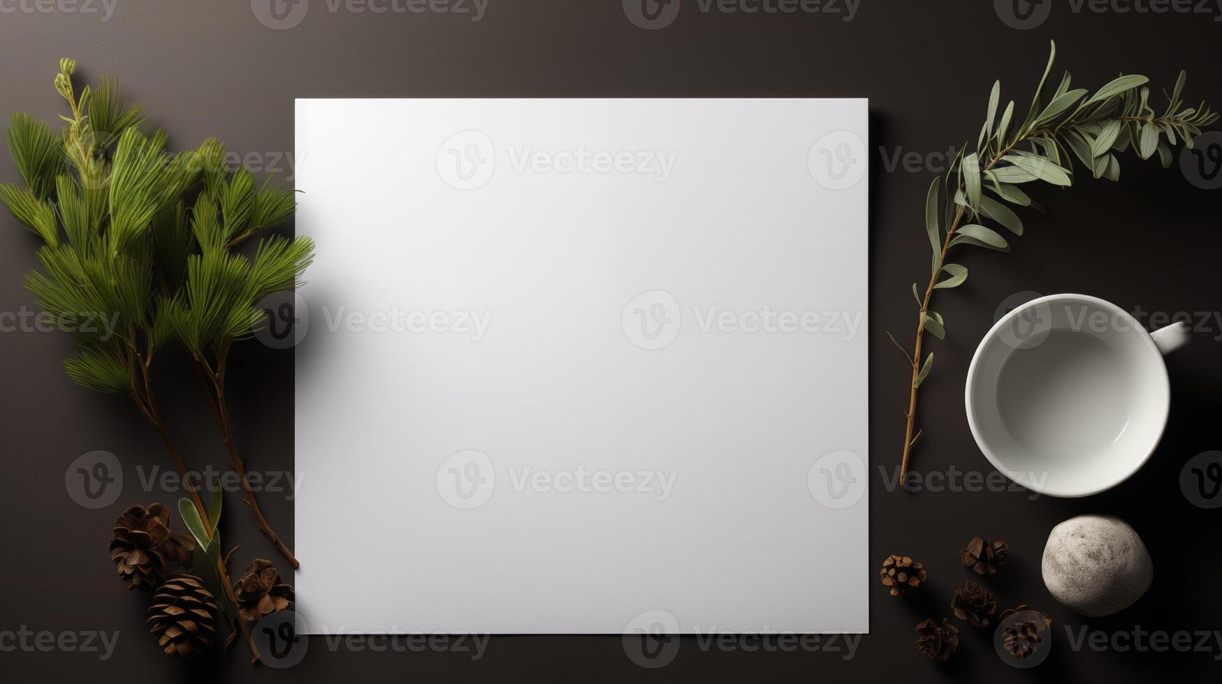 Blank card mockup with pine branches and cup on dark background. Winter theme, cozy invitation template advertising image. Pinecones botanical rustic mock up product photorealistic photo