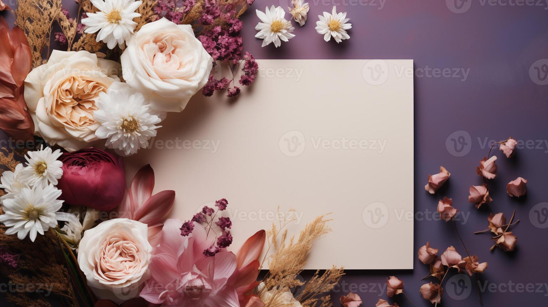 Blank card mockup surrounded by pastel roses daisies on purple surface. Dried floral accents elegant invitation template advertising image. Feminine design mock up product photorealistic photo