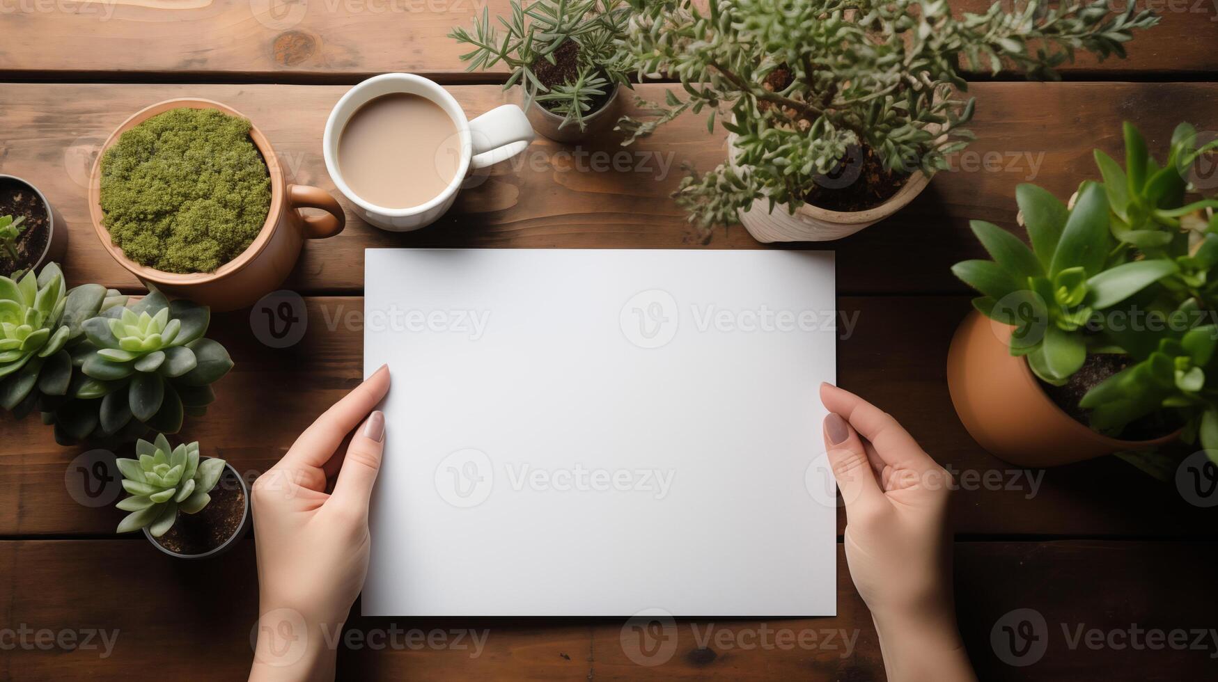 Hands holding blank paper mockup surrounded by succulents coffee cup. Houseplants, coffeecup postcard template advertising image. Calm natural workspace mock up product photorealistic photo