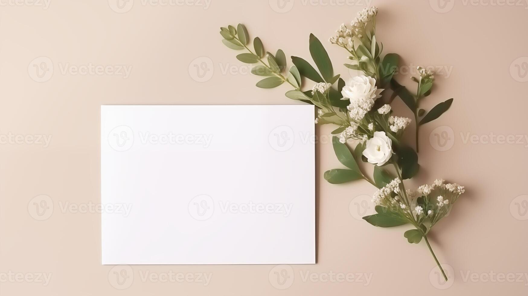 Blank white card mockup on beige surface with delicate flowers green leaves. Elegantly arranged paper template advertising image. Soft color palette mock up product photorealistic photo