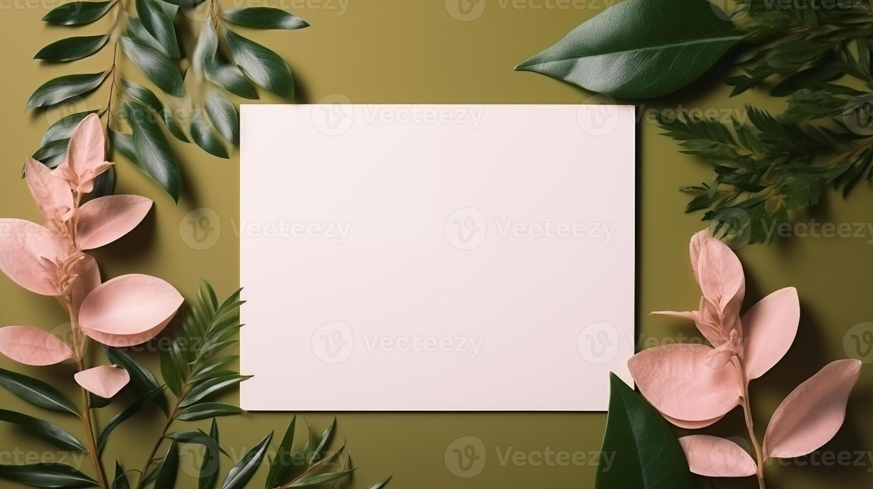 Blank card mockup with pink and green leaves on olive background. Elegantly arranged foliage paper template advertising image. Harmonious nature-inspired mock up product photorealistic photo