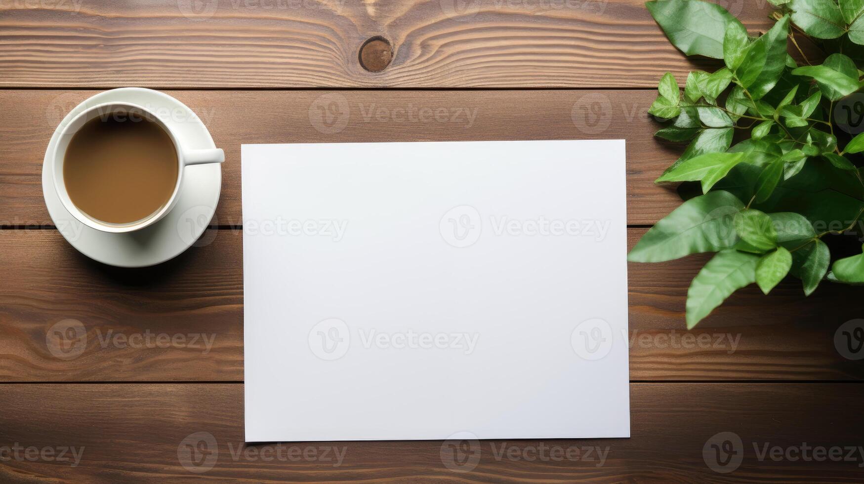 Cozy flatlay featuring coffee cup, vibrant green leaves, blank white card mockup. Natural wooden desk empty paper template advertising image. Nature-inspired mock up photorealistic photo