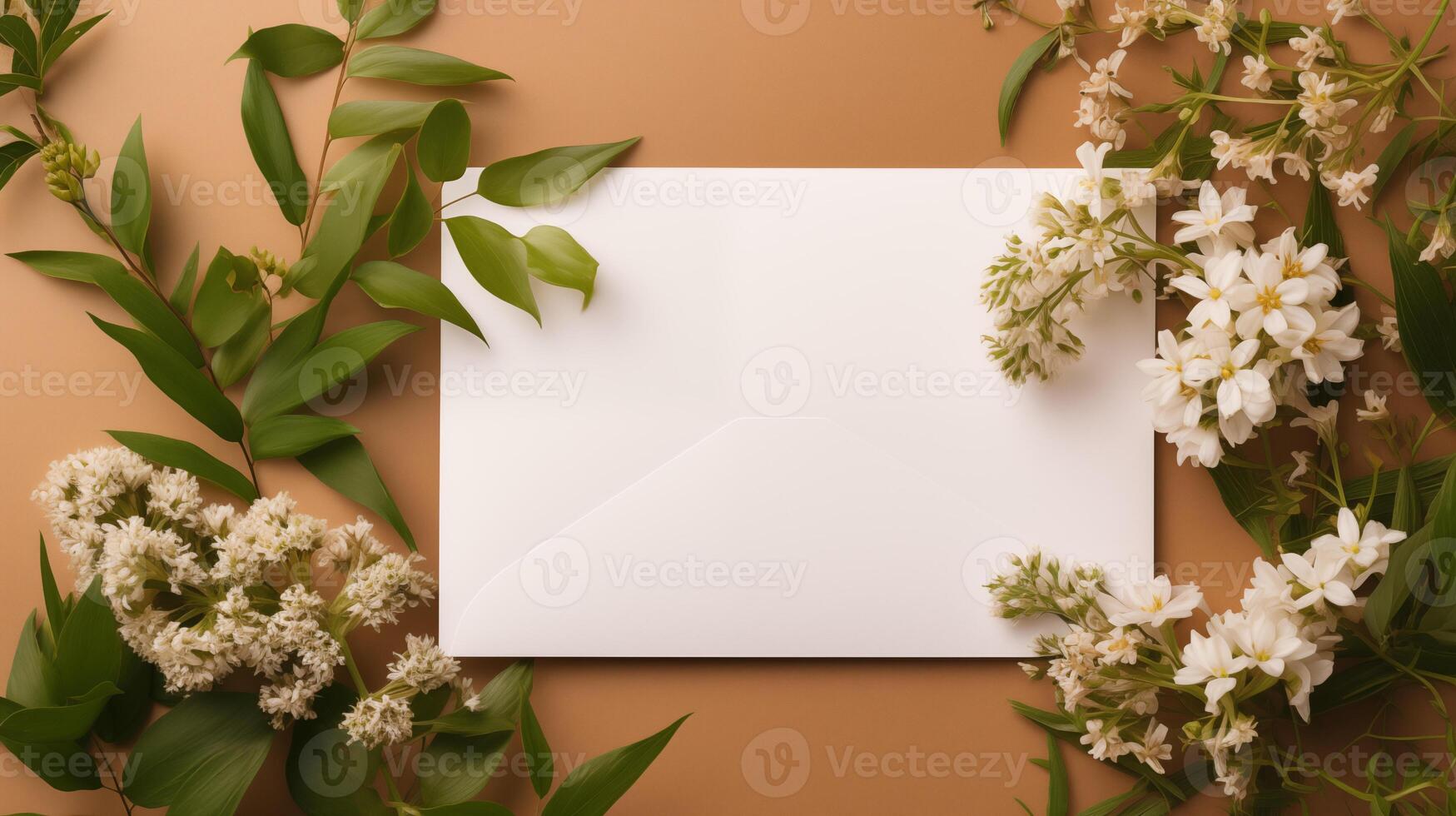 Blank envelope mockup with white flowers and green leaves. Elegant floral foliage wedding invitation template advertising image. Natural stationery design mock up product photorealistic photo