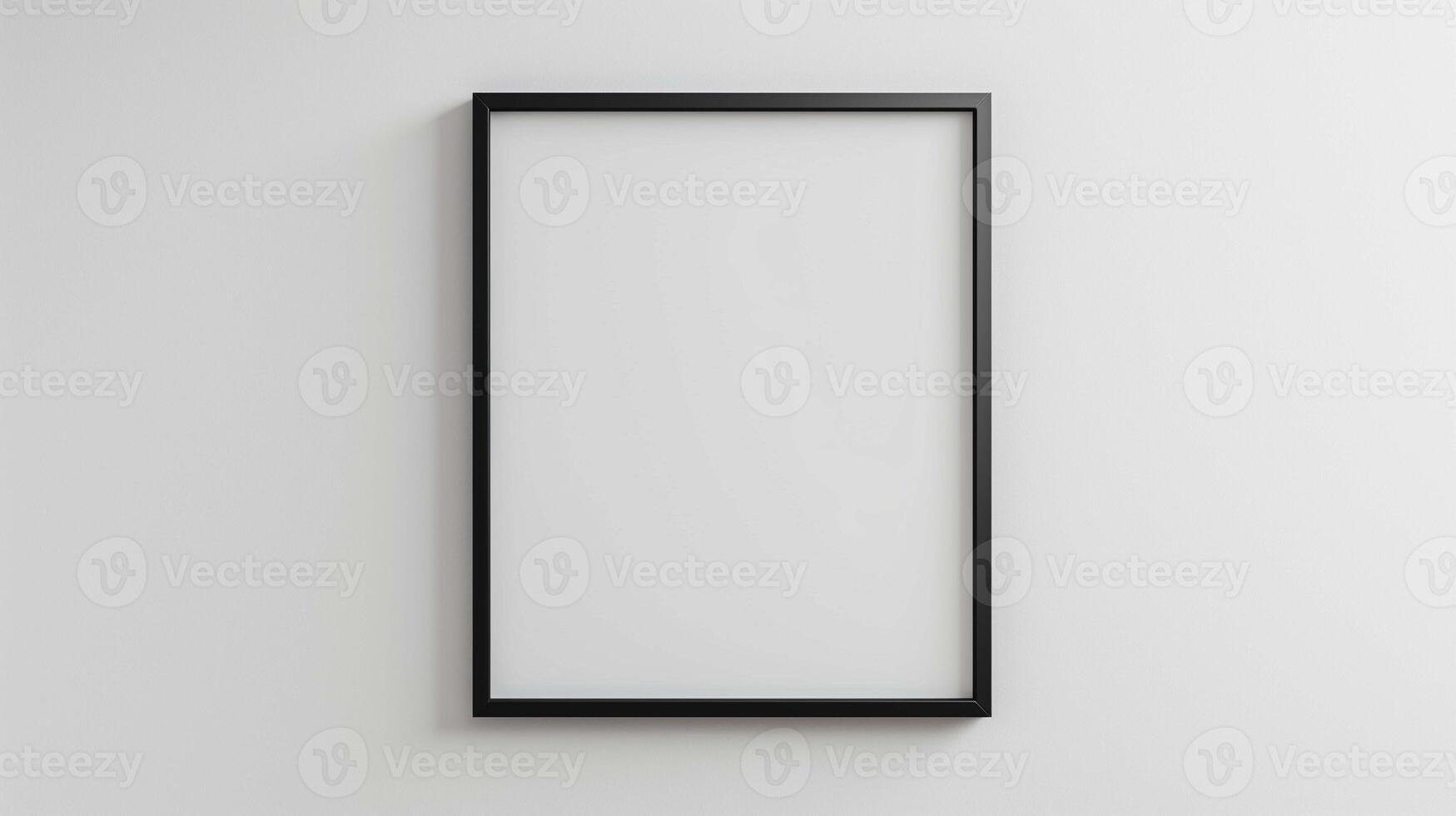 Picture mockup with black frame hanging on white wall. Poster template in elegant interior design advertising image. Drawing mock up exhibition in gallery product photorealistic photo