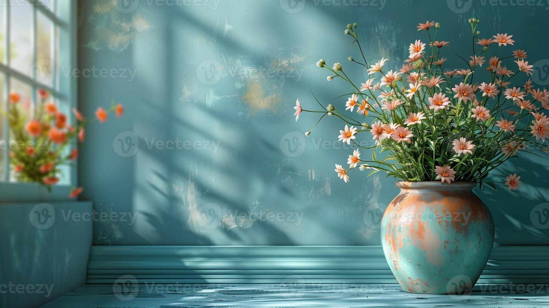 Wild daisies bouquet near window banner background copy space. Chamomile flowers in sunbeams image backdrop empty. Floral decorative concept composition front view, copyspace photo