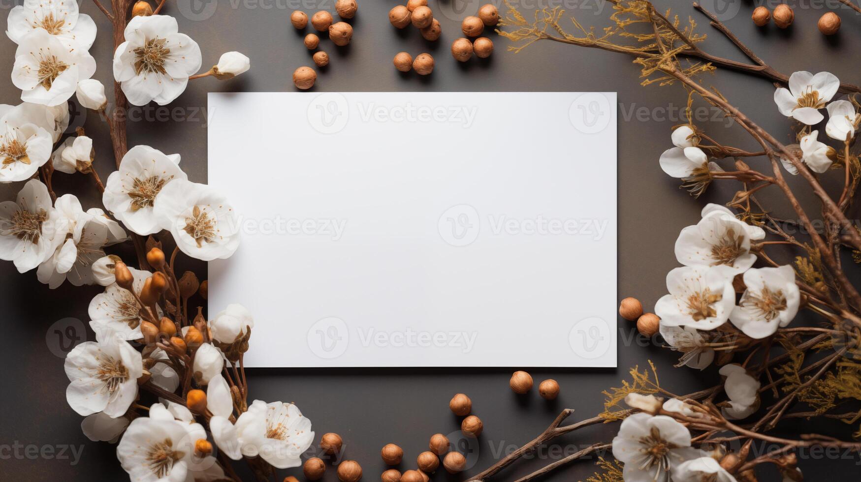 Blank card mockup surrounded by white blossoms branches brown cherry pits. Warm natural aesthetic template advertising image. Rustic-themed seasonal greeting mock up photorealistic photo