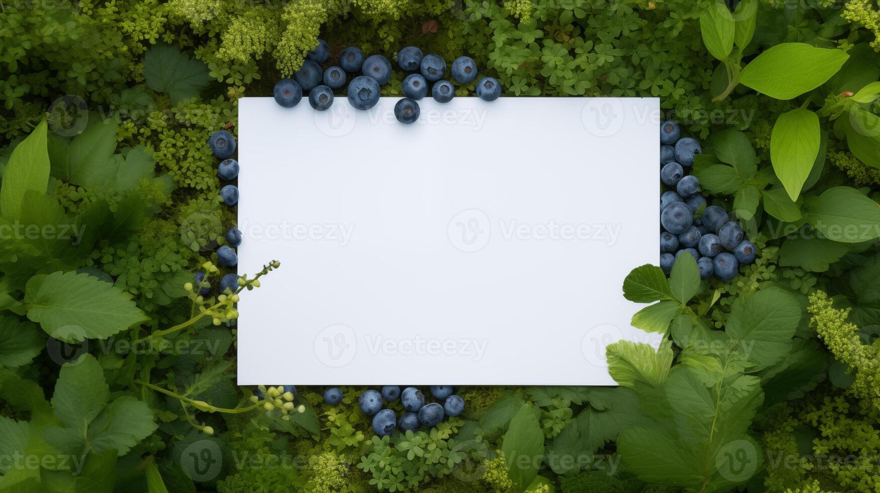 Blueberries greenery bordering white card mockup. Lush green plants bilberries template advertising image. Botanical background. Organic nature-inspired mock up product photorealistic photo