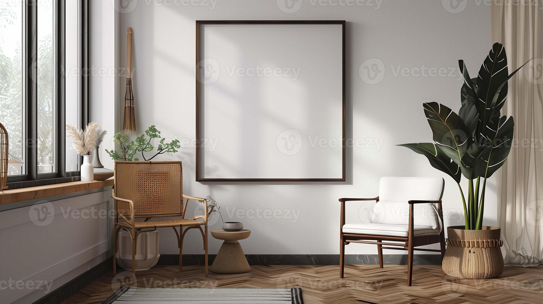 Banner mockup hanging on office wall. Placard template in minimalist living room interior advertising image. Painting mock up with frame in chillout room product photorealistic photo