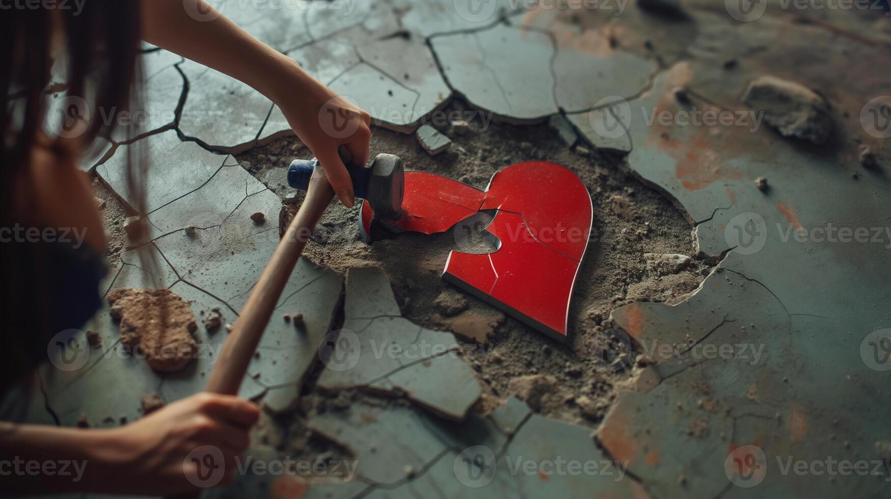 Woman breaking red heart with hammer on cracked ground closeup image. Destruction and deliberate action close up photography. Emotions of heartbreak concept photo realistic