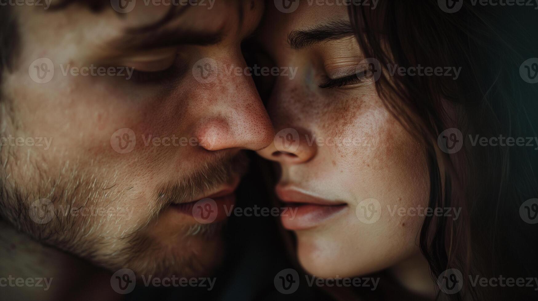 Eyes closed couple shares deeply intimacy closeness closeup image. Romantic touching. Spouses savoring peaceful connection close up photography. Gentle affection concept photo realistic