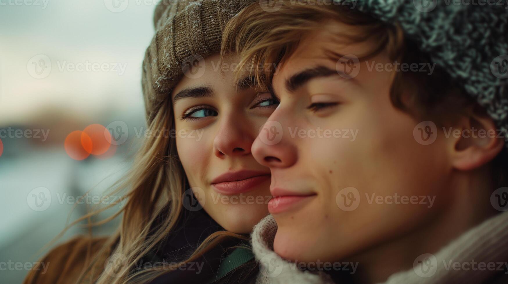 Young couple in winter hats scarves cozy happy outdoors closeup image. Girl gazing at boyfriend with warm smile close up photography. Romantic wintertime concept photo realistic