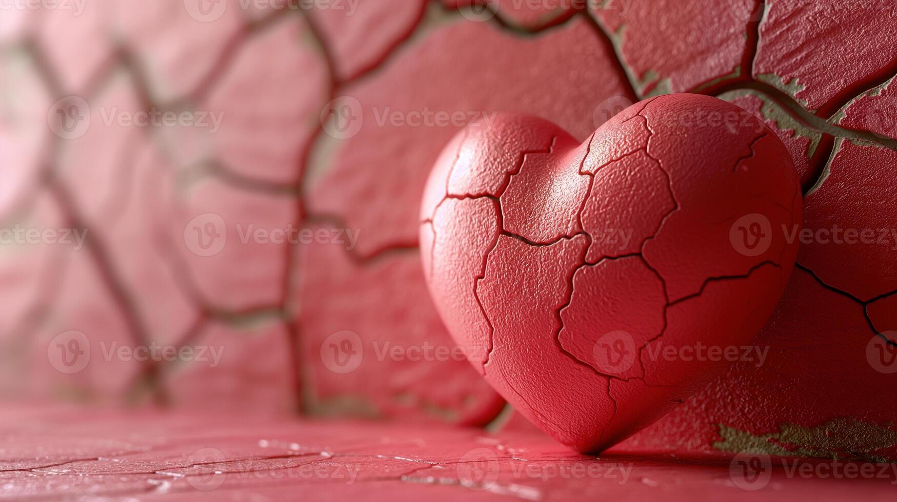 Cracked red heart leans against textured wall background image. Broken love, emotional distress photo backdrop wallpaper realistic. Fragility and wear of heart concept photorealistic