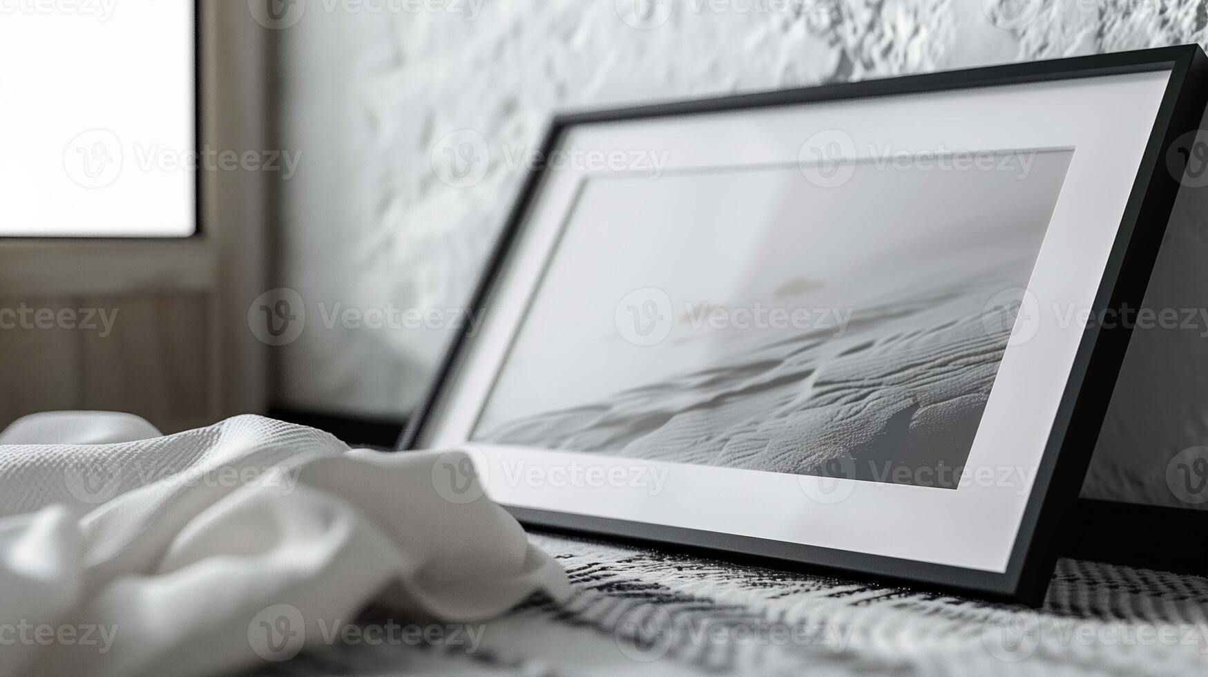 Sand beach photo on shelf image. Landscape pictured on paper in room interior photography scene wallpaper. Keeping memory about travel on picture concept photorealistic photo