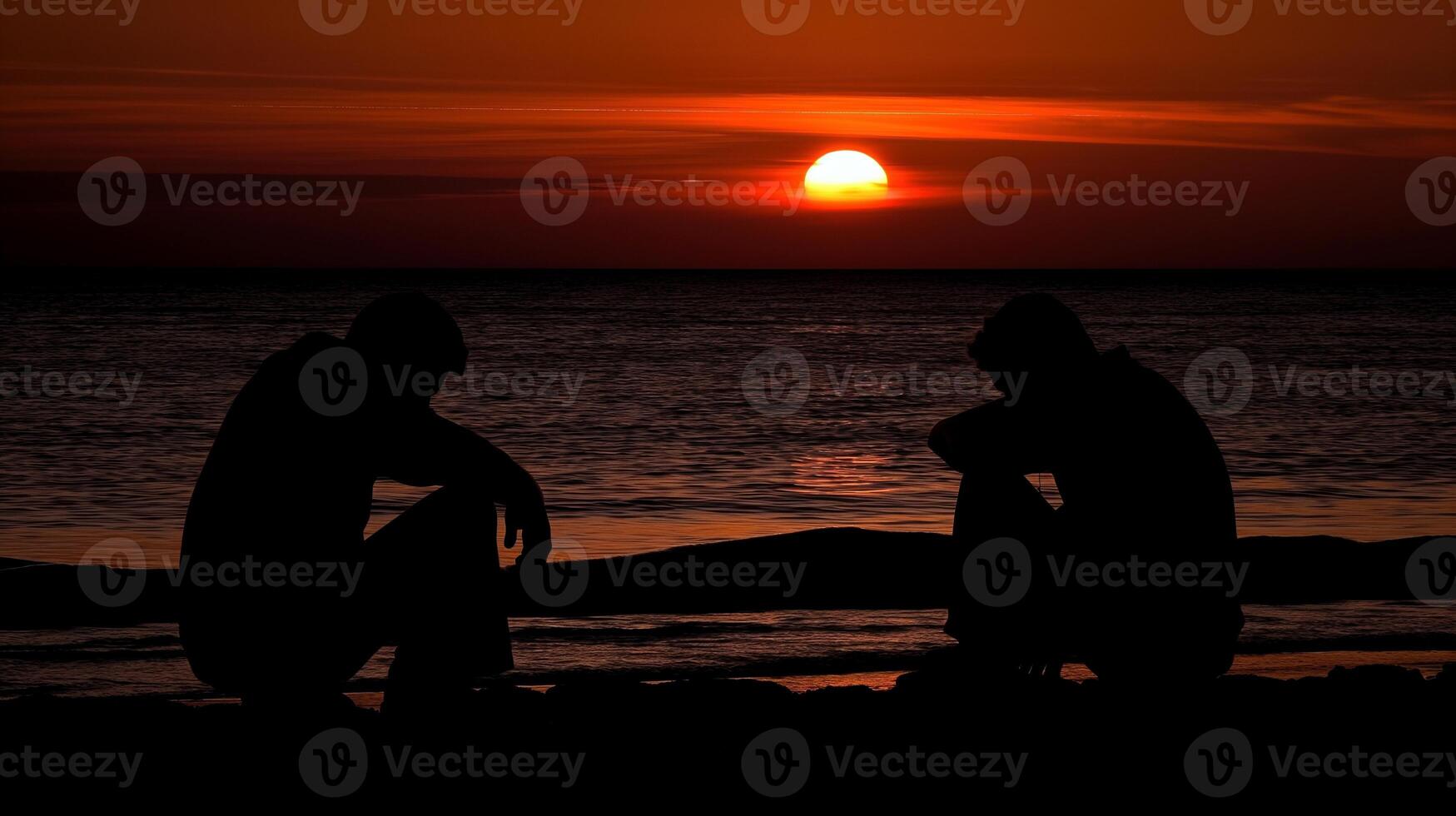 Silhouetted figures at sunset on beach image. People sit in contemplation against setting sun calm sea photography scene wallpaper. Evening solitude concept photorealistic photo