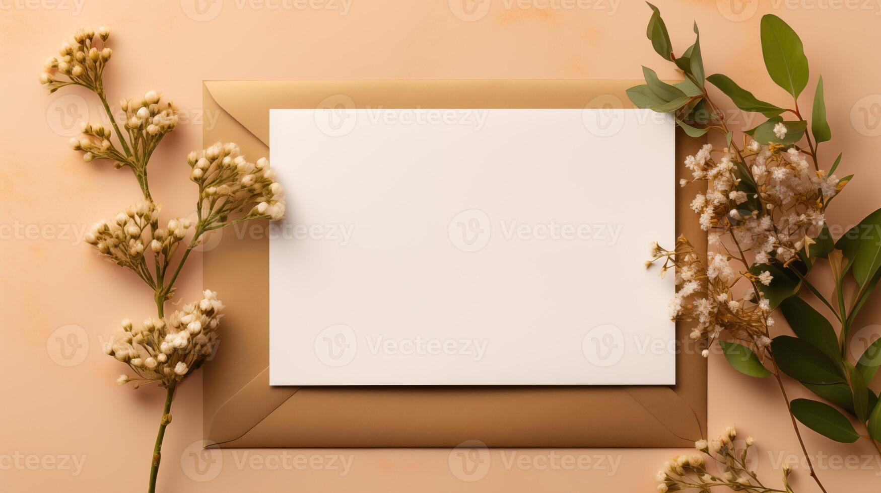 Blank white card on beige envelope accented by green floral branches. Botanical theme. Wedding invitation template advertising image. Feminine design mock up product photorealistic photo