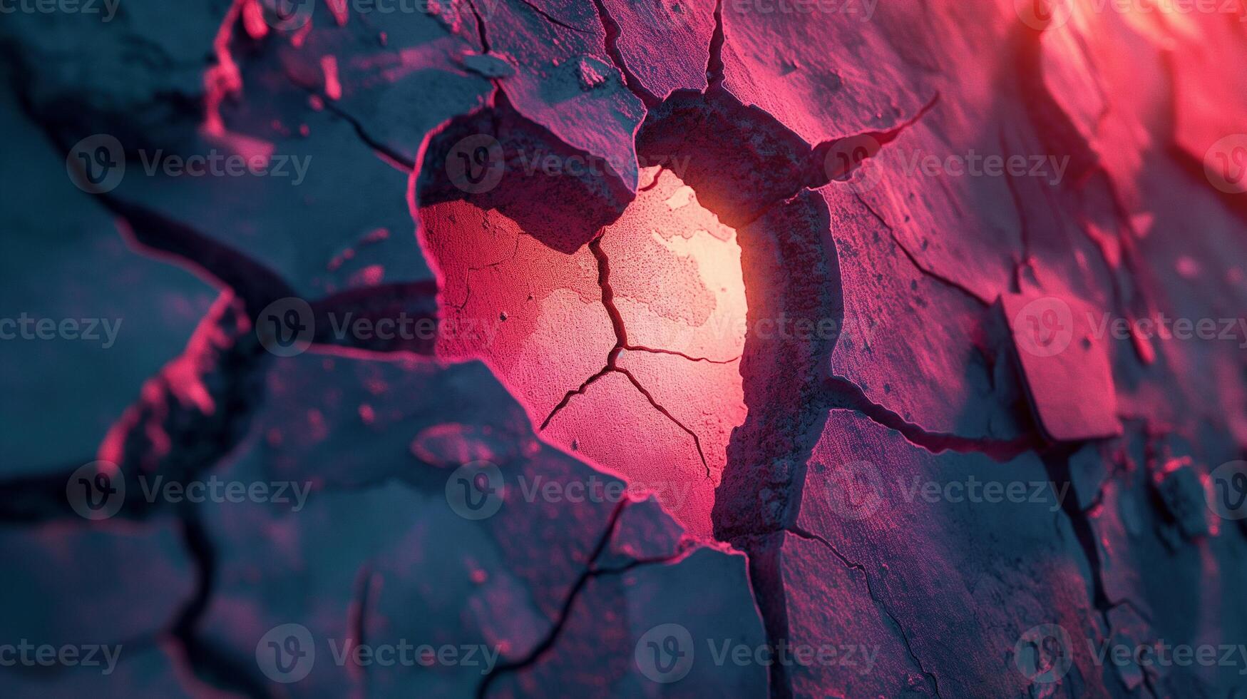 Sunlit heart-shaped cavity within cracked textured surface background image. Illuminated by warm pinkish light photo backdrop wallpaper realistic. Hidden passion concept photorealistic
