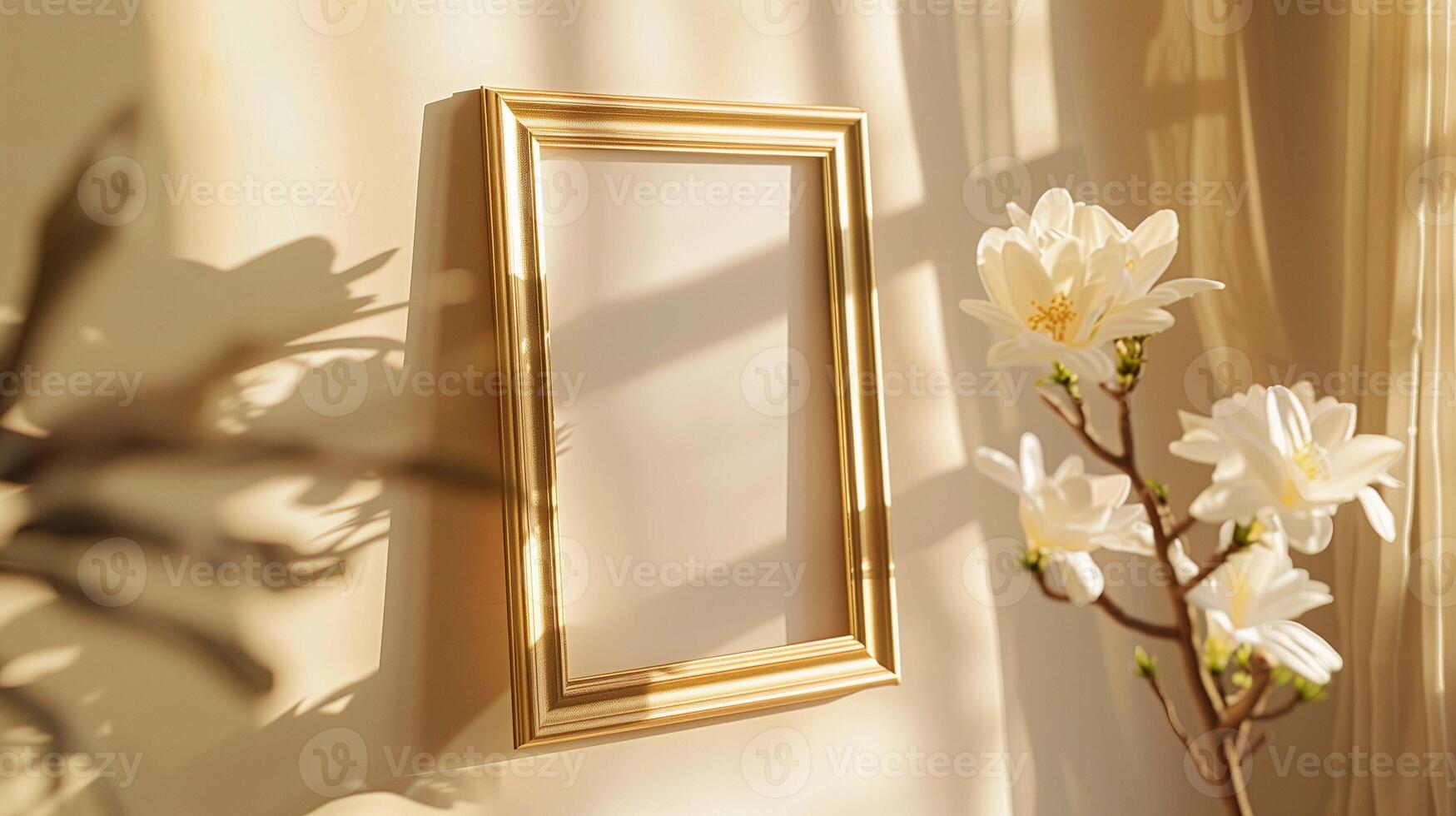 Picture mockup with golden frame hanging on wall. Elegant picture template and tree blossom in room advertising image. Drawing mock up in house interior product photorealistic photo
