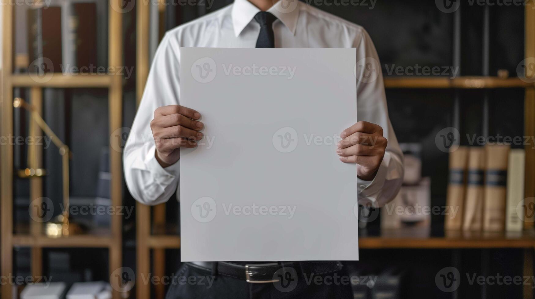 Male manager showing poster mockup in office. Businessman performing commercial poster template advertising image. Corporate announcement placard mock up product photorealistic photo