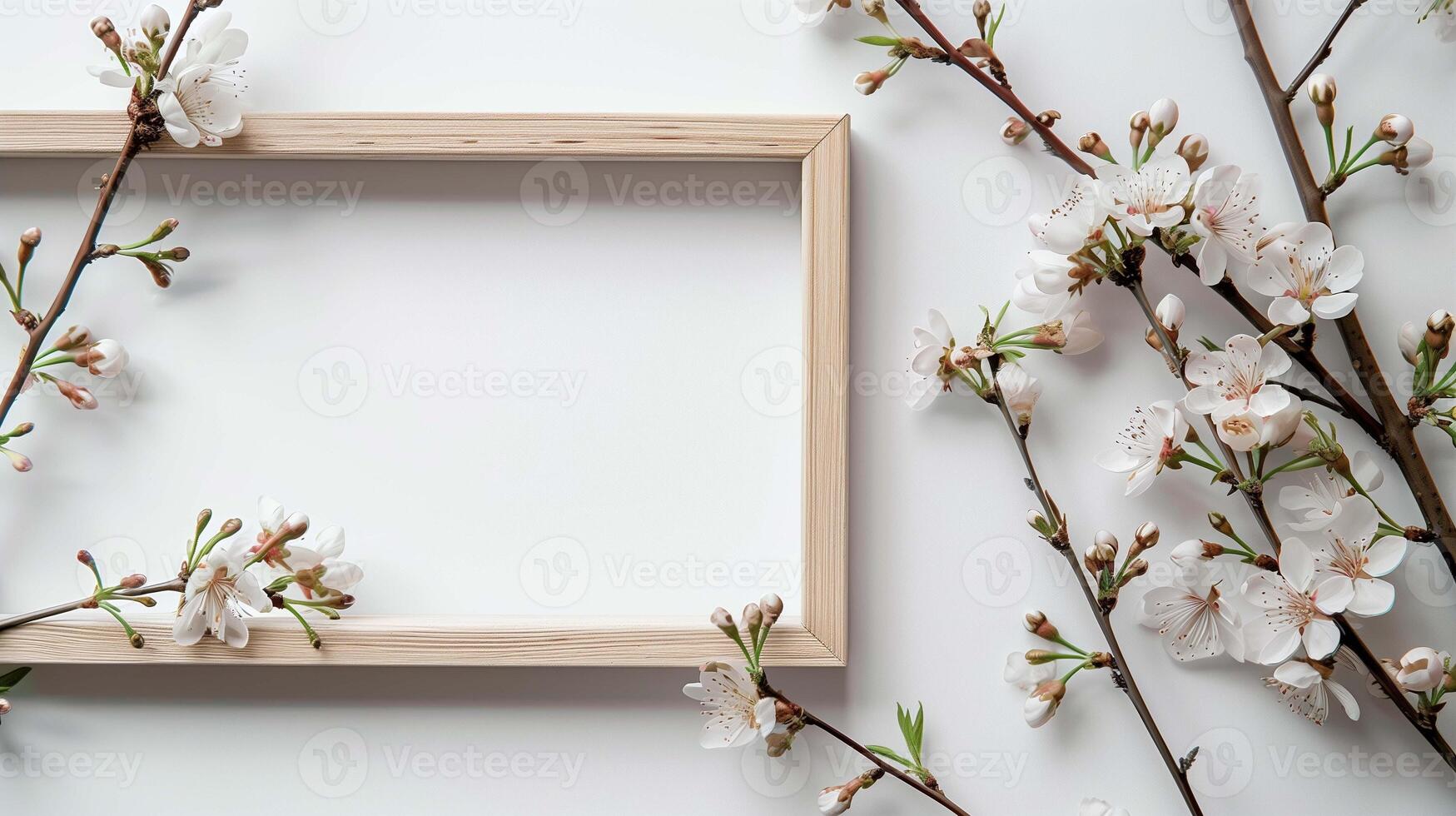Painting mockup with wooden frame and sakura flowers. Drawing template with blooming tree branches on wall advertising image. Interior decor with photo mock up product photorealistic