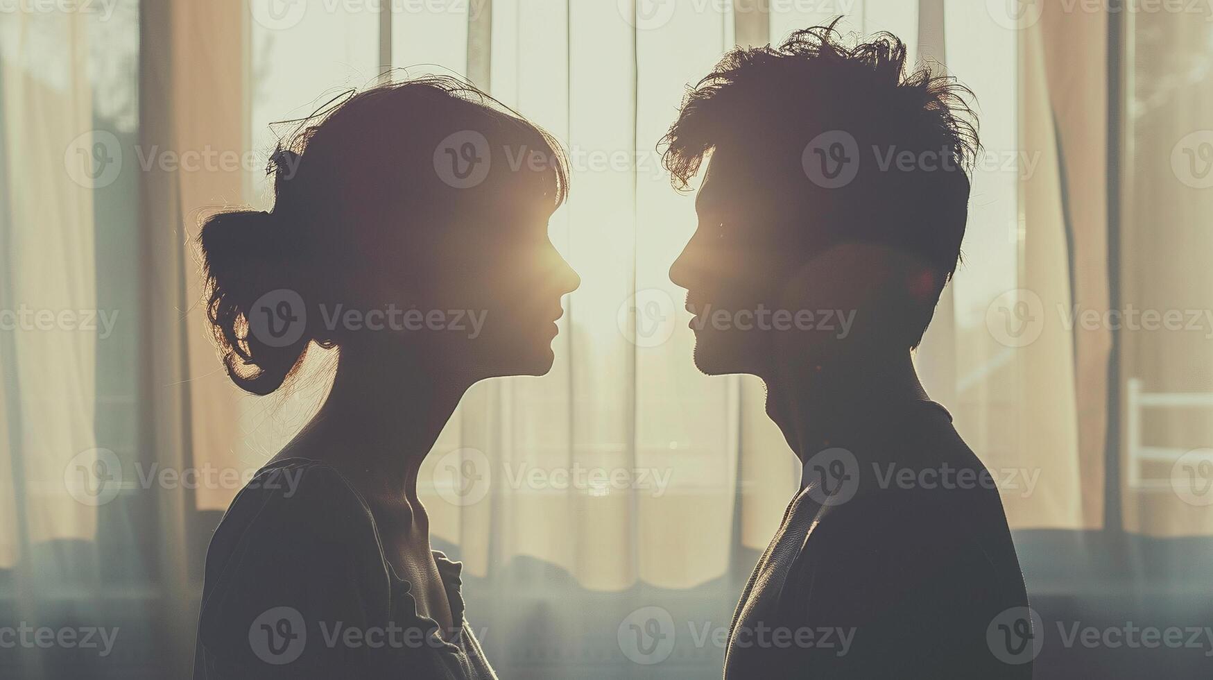 Silhouetted couple facing each other in front of softly lit curtains image. Warm light streaming between woman man silhouettes photography. Deep connection concept photorealistic photo