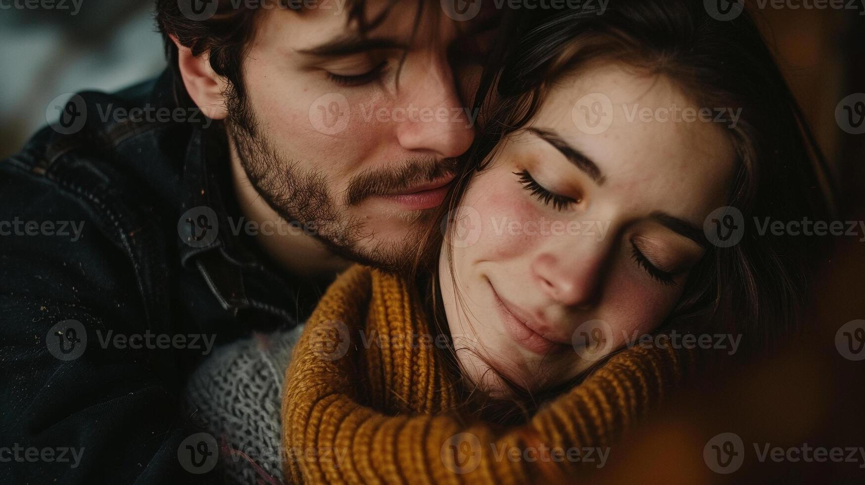 Wrapped in warm clothing couple hugging with eyes closed closeup image. Husband embracing wife cuddling close up photography. Romantic connection. Winter love concept photo realistic