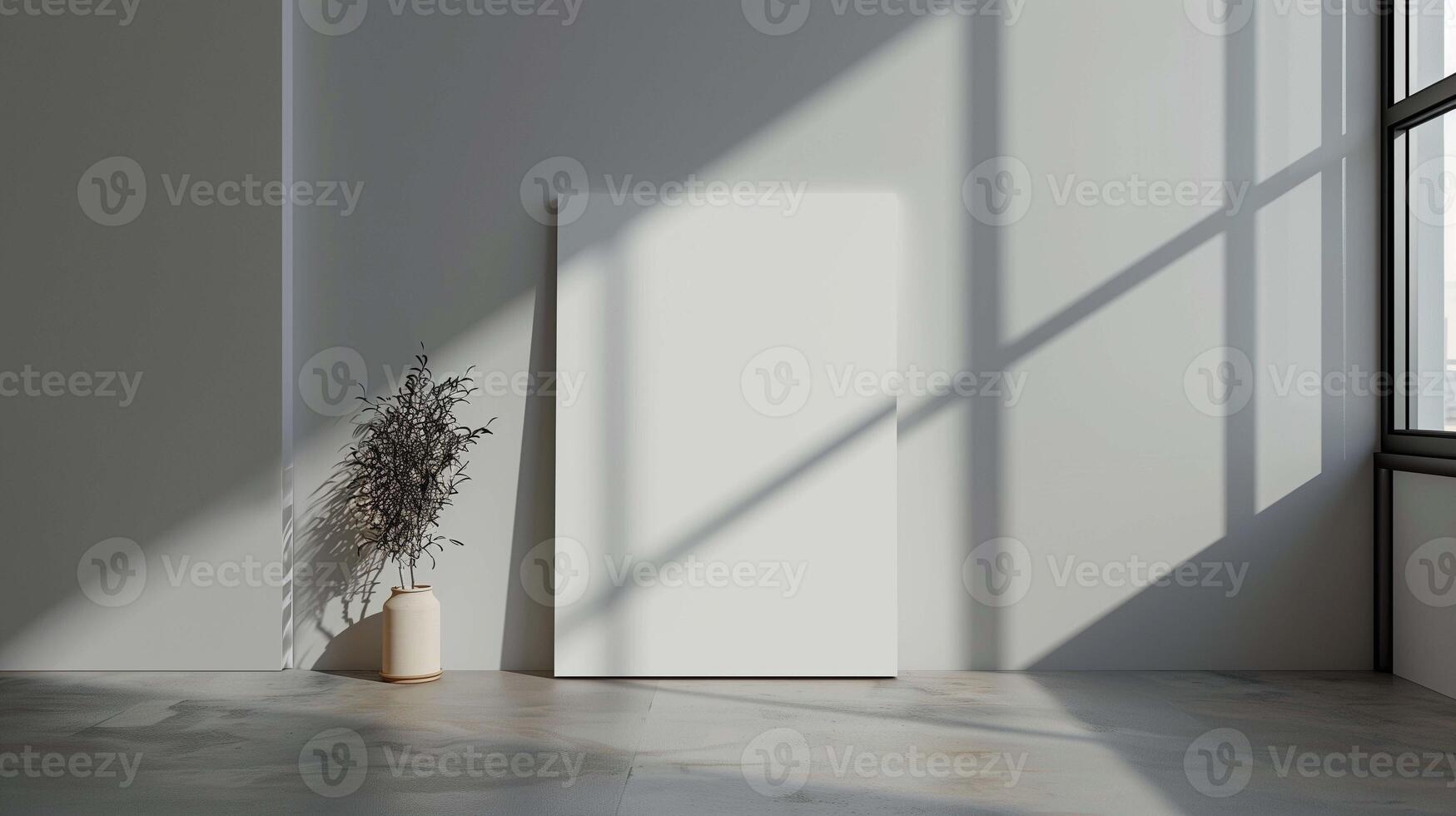 Minimalist picture mockup with branches bunch in shady room. Art poster template and leaves near wall advertising image. Creative decor with drawing mock up product photorealistic photo