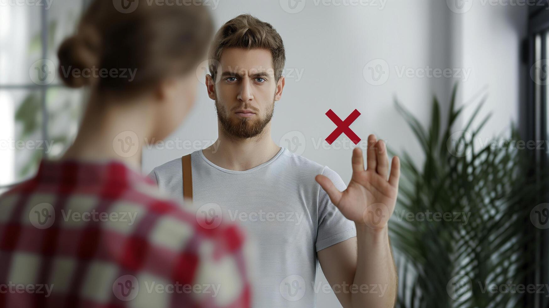 Man giving silent treatment in tense interaction with woman image. Red X symbol emphasizes refusal photography scene wallpaper. Boundaries in communication concept photorealistic photo