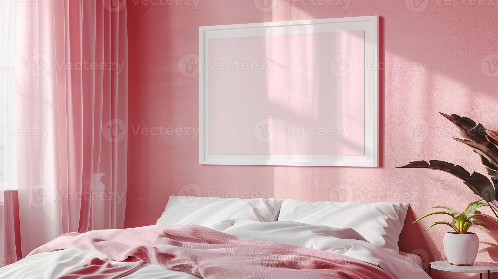 Picture mockup in frame over bed. Photography template hanging on pink wall of bedroom advertising image. Lazy morning scene with photo mock up at home product photorealistic