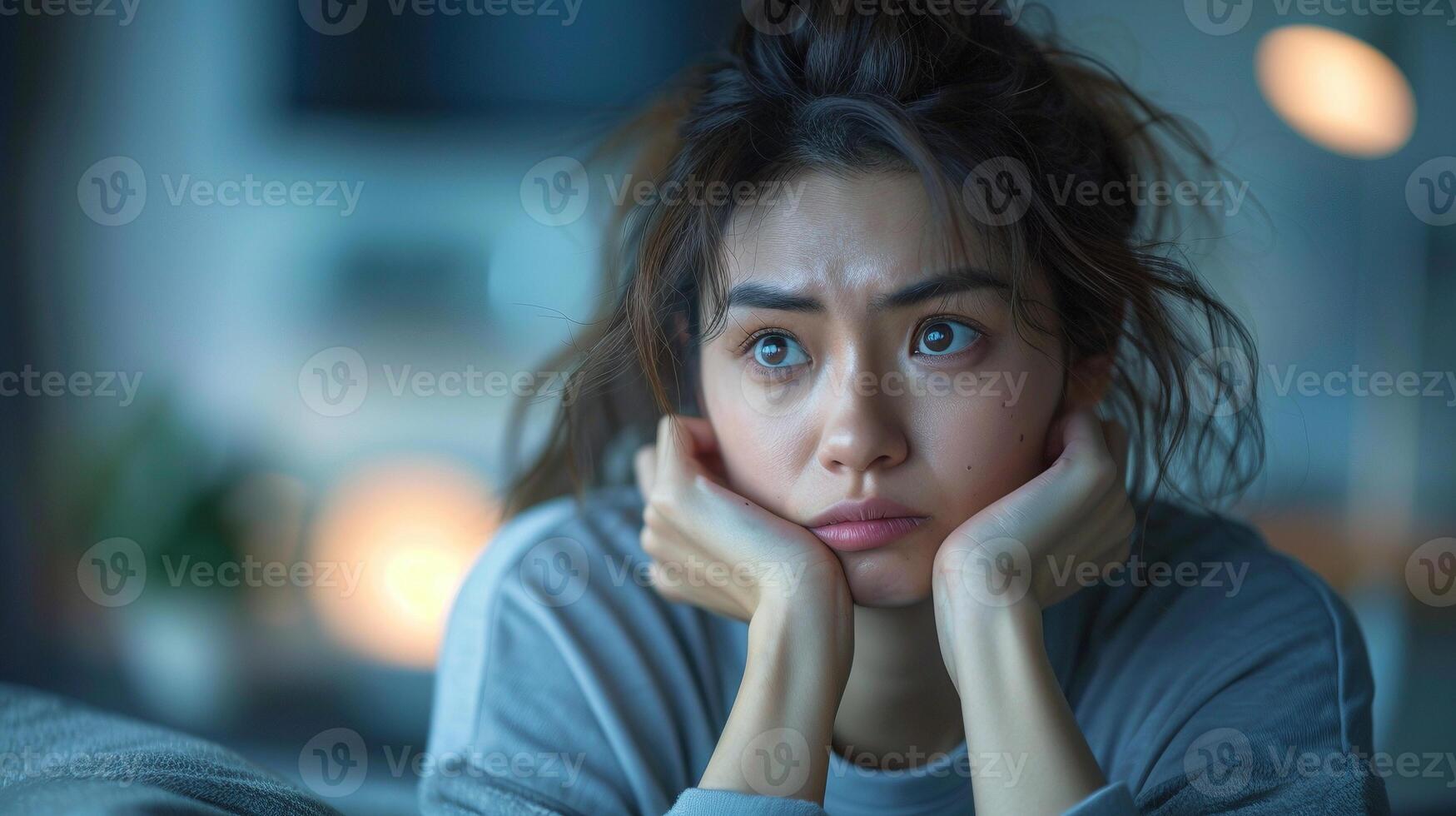 Japanese woman feeling anxious and lost in thought portrait image. Sad girl with expressive eyes rests chin on hands picture photorealistic photography. Quiet solitude concept photo