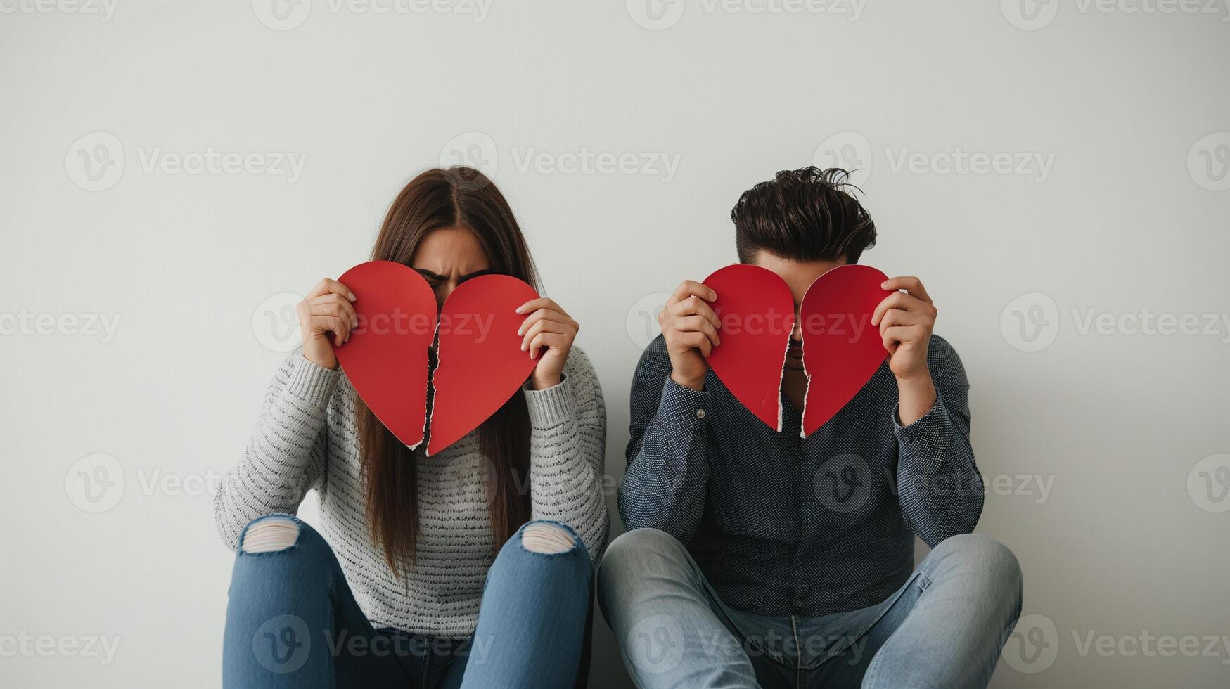 Couple hiding behind broken heart shapes image. Woman man sits side by side on floor photography scene wallpaper. Emotional pain. Relationship breakup concept photorealistic photo