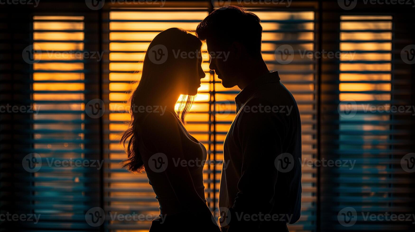 Silhouetted couple at sunset in front of window blinds image. Woman man setting sun romantic atmosphere photography scene wallpaper. Emotional connection concept photorealistic photo