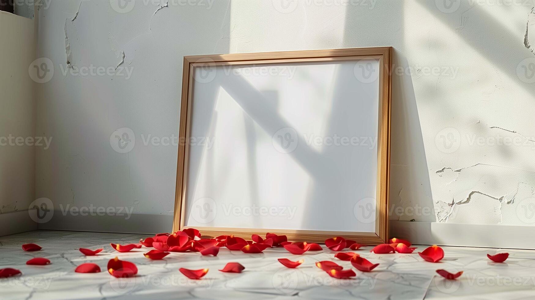 Photo mockup with wooden frame and red petals in room. Interior decor for romantic date with poster template advertising image. Elegant drawing mock up product photorealistic