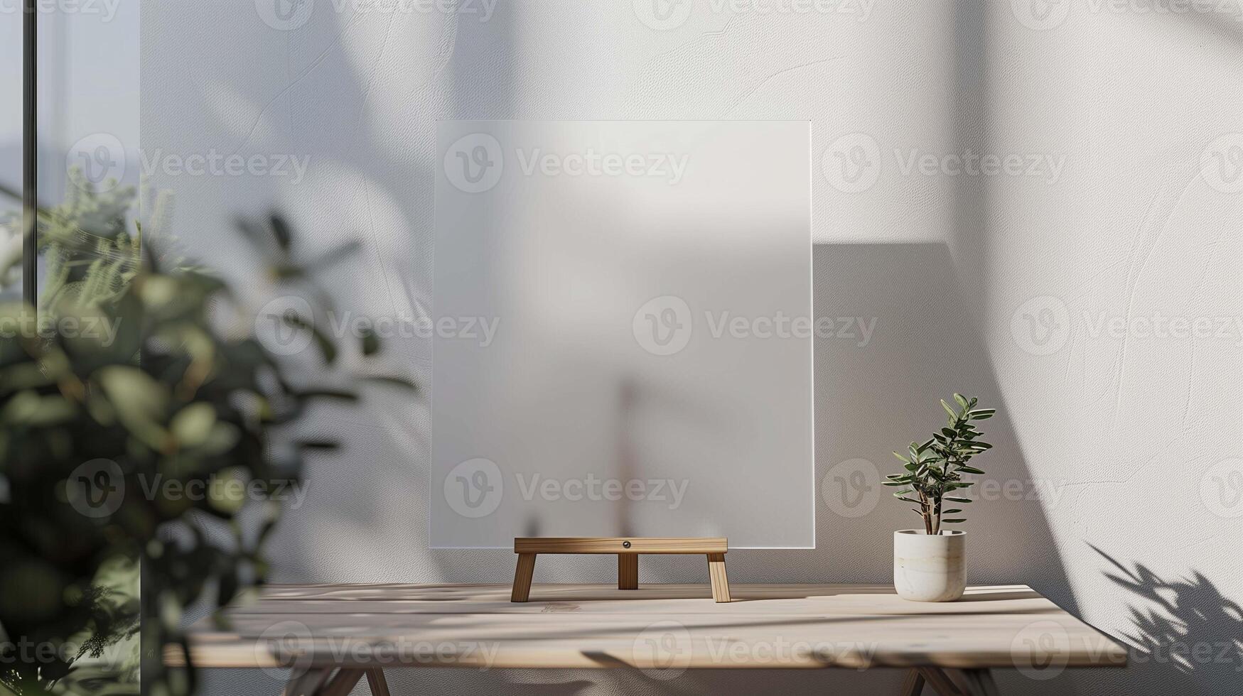 Glass sheet mockup on wooden easel in light room. Artist painting template and houseplant on table advertising image. Artwork mock up with plastic material product photorealistic photo