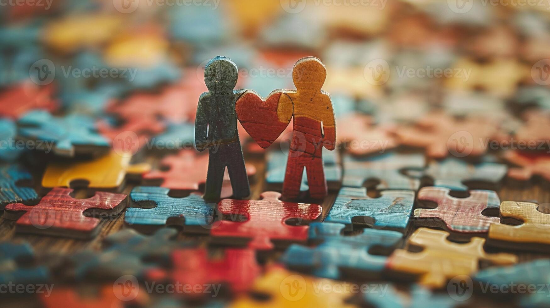 Two wooden figures together holding heart on puzzle pieces closeup image. People complete each other close up photography. Emotional connection. Love unity concept photo realistic