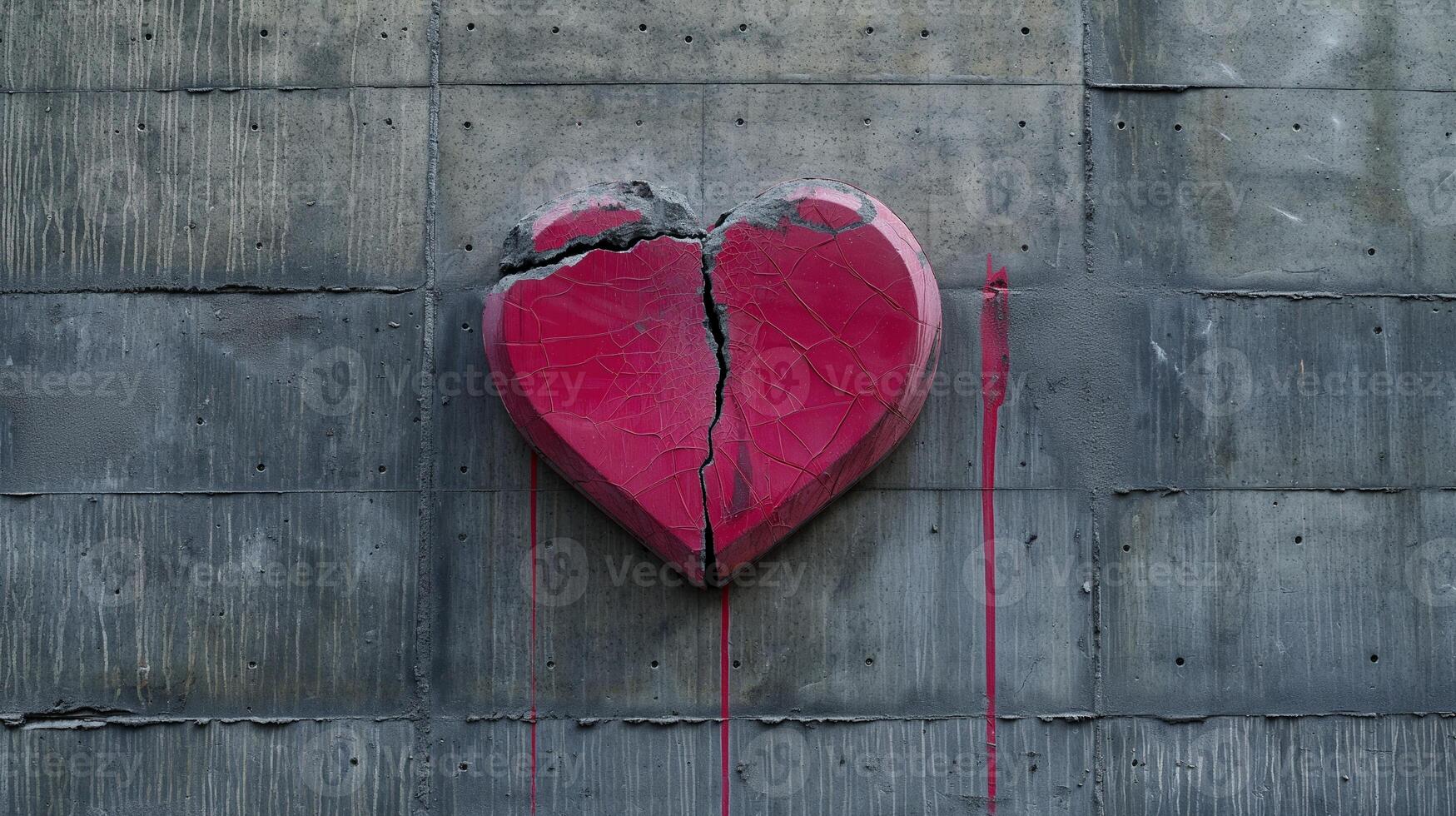 Red heart with visible cracks on grey concrete wall background image. Paint drips running down industrial surface photo backdrop wallpaper realistic. Broken love concept photorealistic
