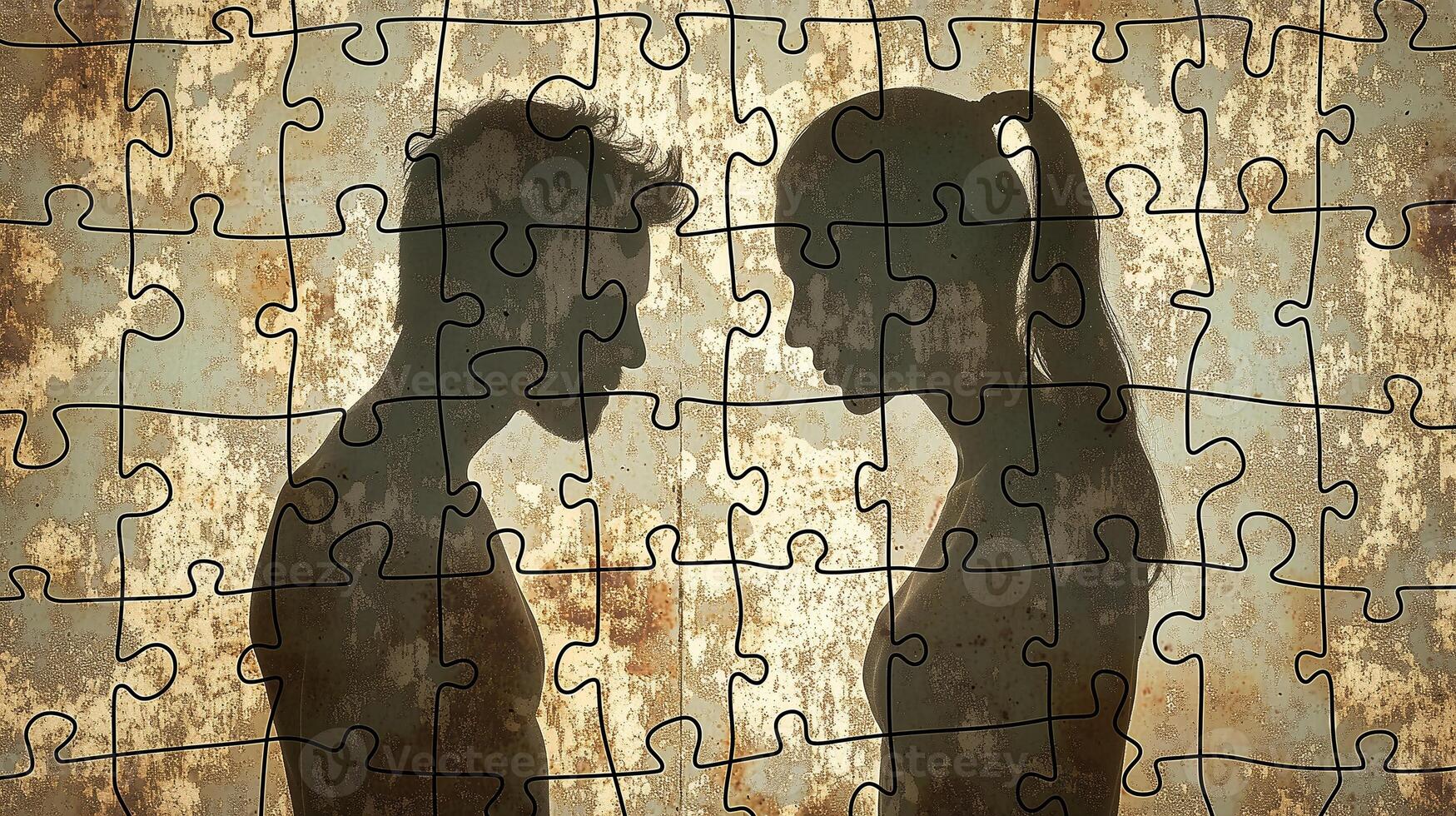 Two figures face each other in puzzle piece formation art digital. Emotional conflict couple wallpaper scene artwork. Complexities of relationships concept background image horizontal photo