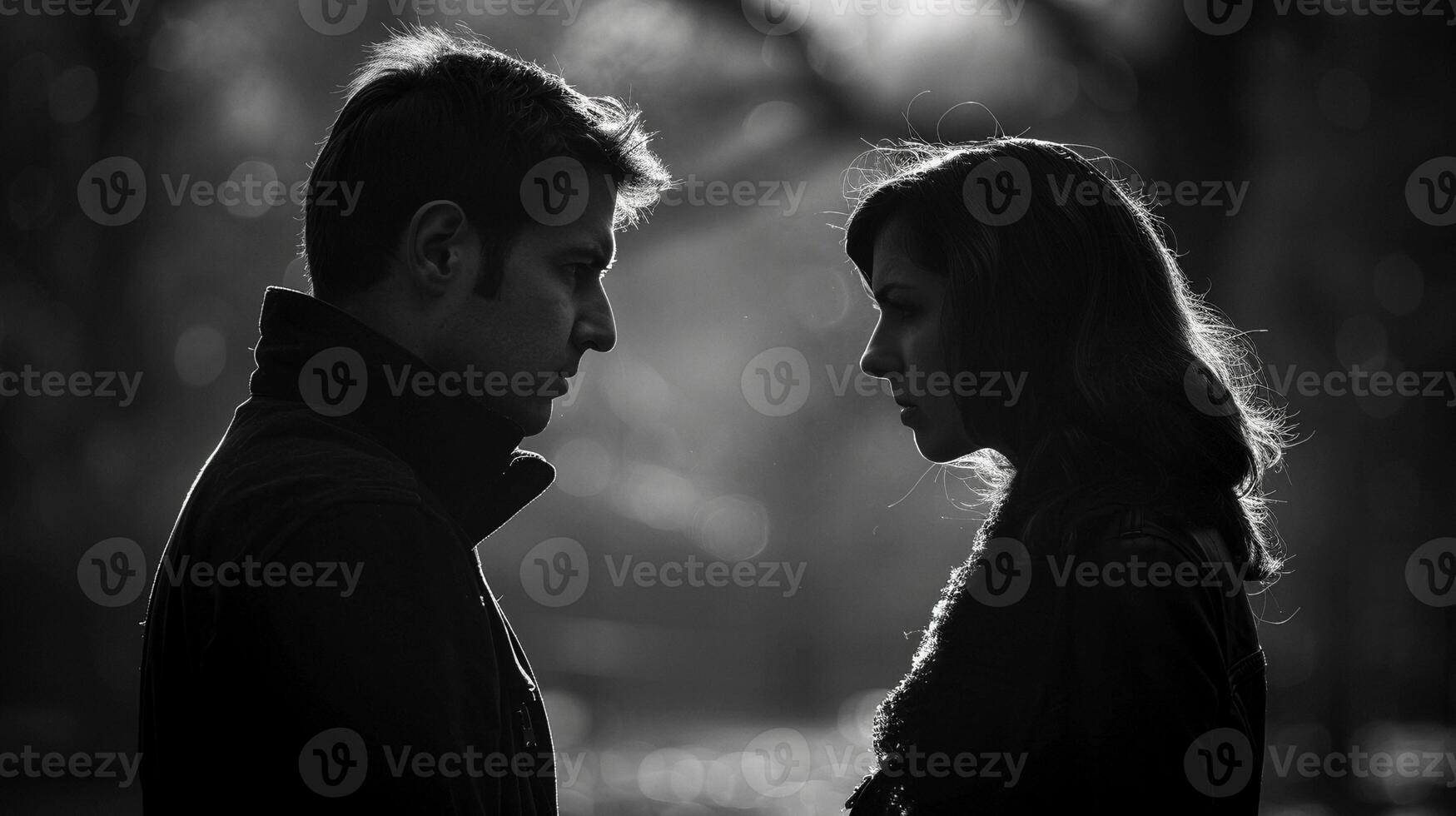 Couple standing face to face in unresolved conflict black and white image. Spouses serious expressions and intense eye contact photography. Problems relationship concept photorealistic photo