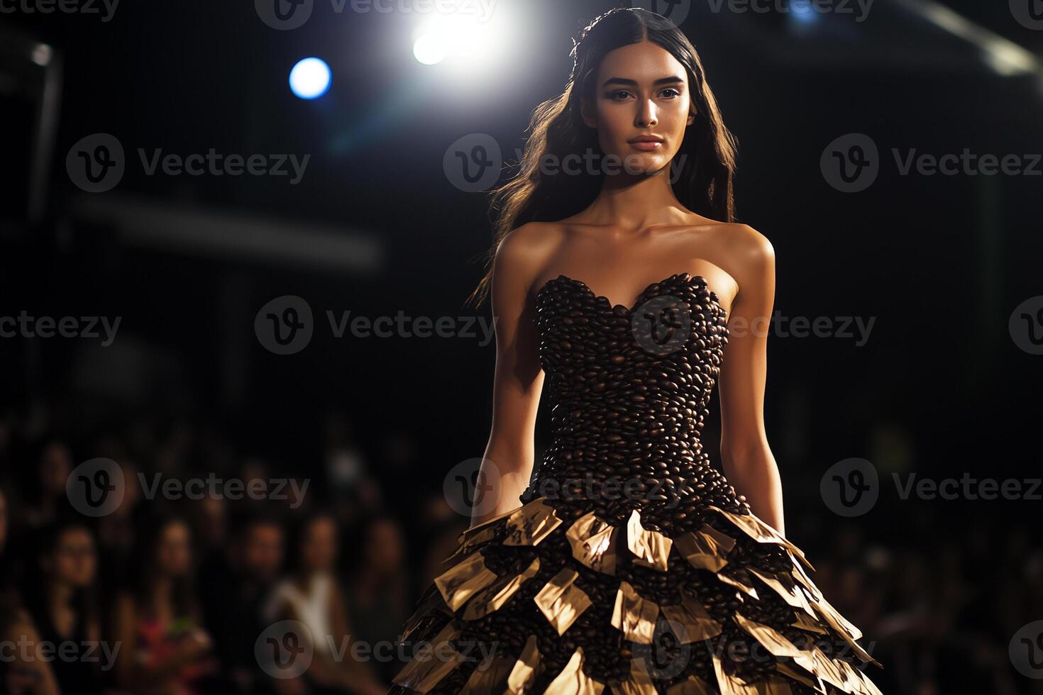 Fashion model wearing coffee bean dress walking runway photo