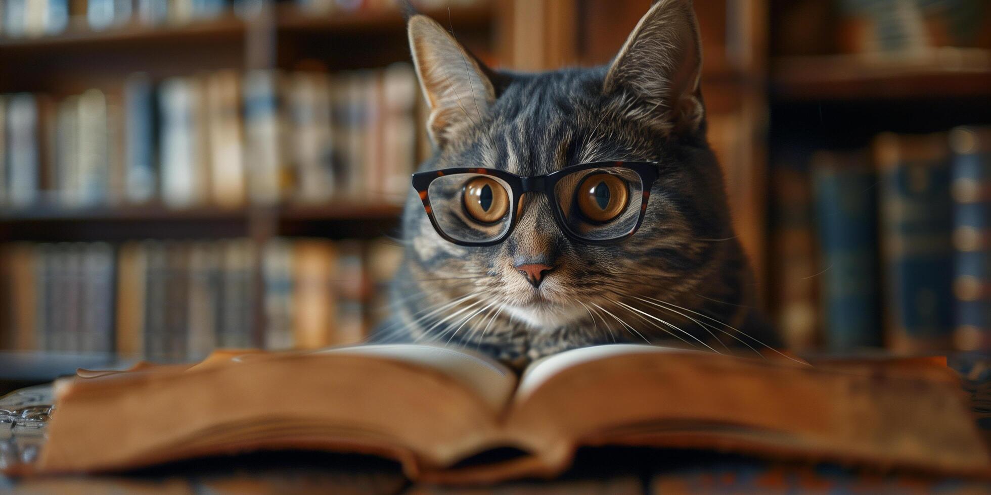 Cat wearing glasses sits and reads a book in the library photo