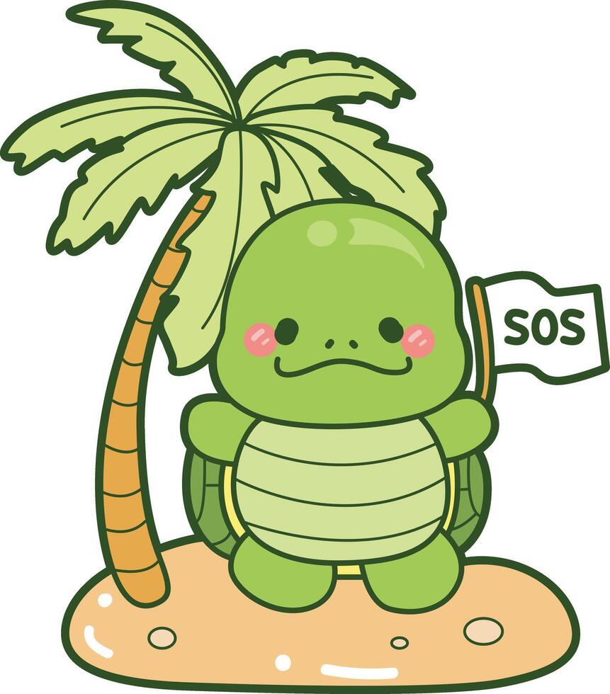 Turtle in the empty island. Kawaii turtle daily life sticker cute. Cute turtle mascot illustrations. vector