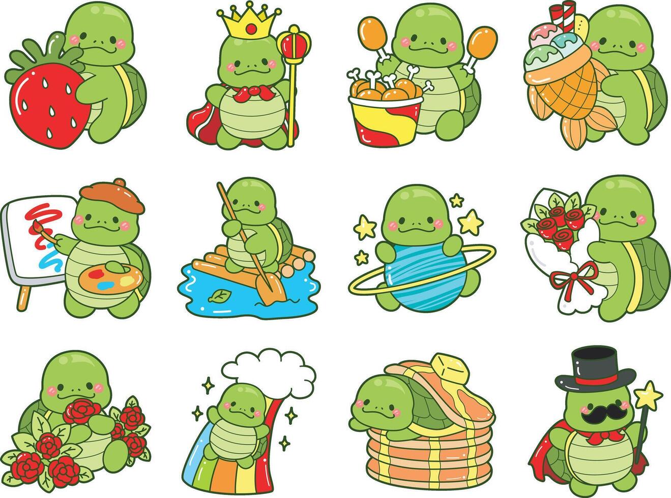 Turtle in the variation of activity. Kawaii turtle daily life sticker cute. Cute turtle mascot illustrations. vector