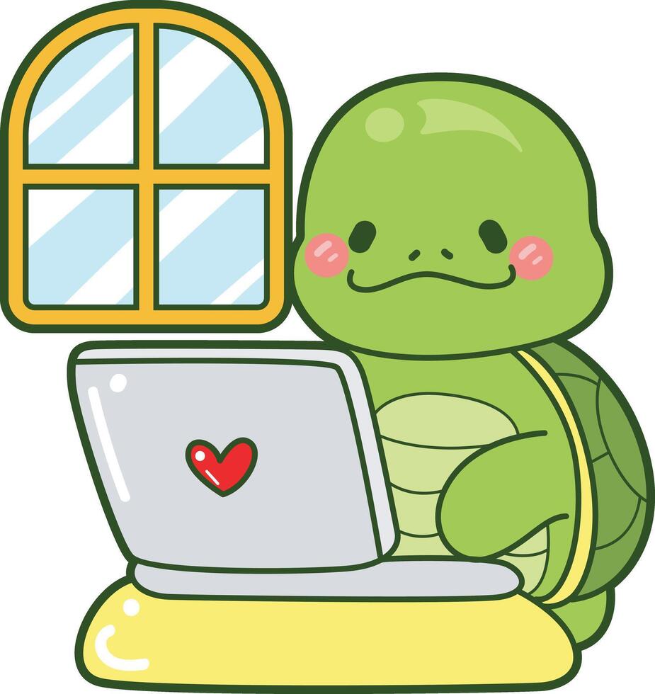 Turtle do homework with notepad. Kawaii turtle daily life sticker cute. Cute turtle mascot illustrations. vector