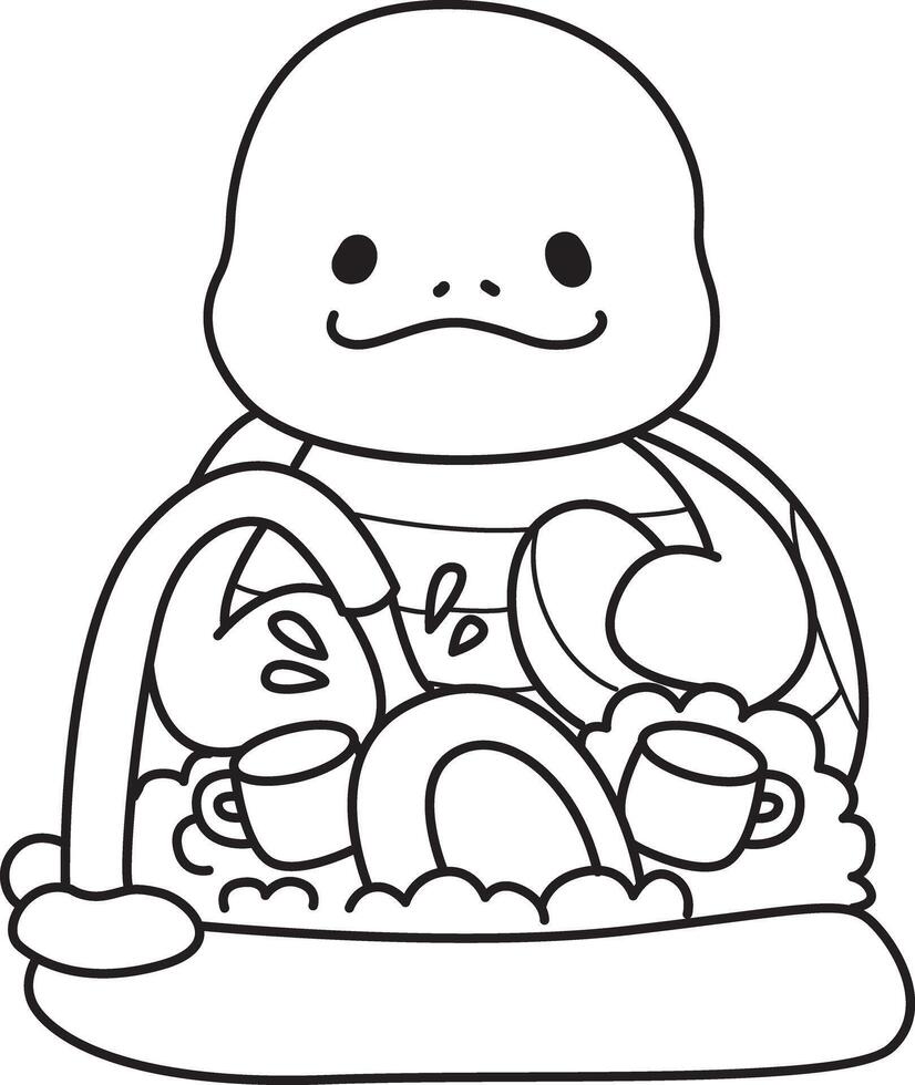 Turtle washing a plate with sponge and soap. Free printable cute turtle for kindergarten. Preschool outline printable education turtle animal. vector