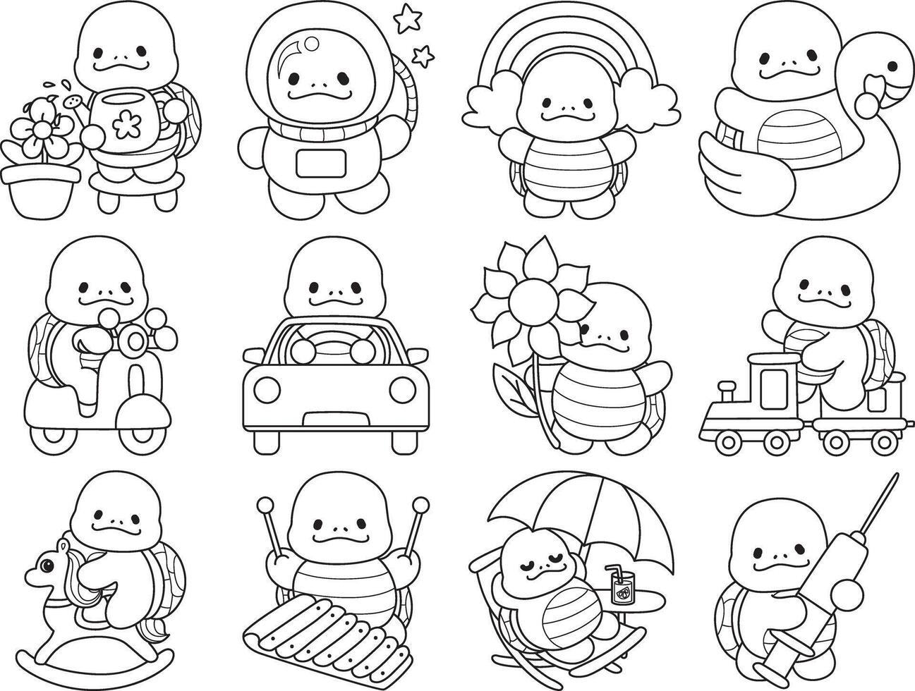 Turtle in the variation of transportation. Free printable cute turtle for kindergarten. Preschool outline printable education turtle animal. vector