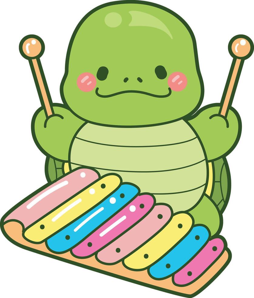 Turtle playing a traditional instrument. Kawaii turtle daily life sticker cute. Cute turtle mascot illustrations. vector