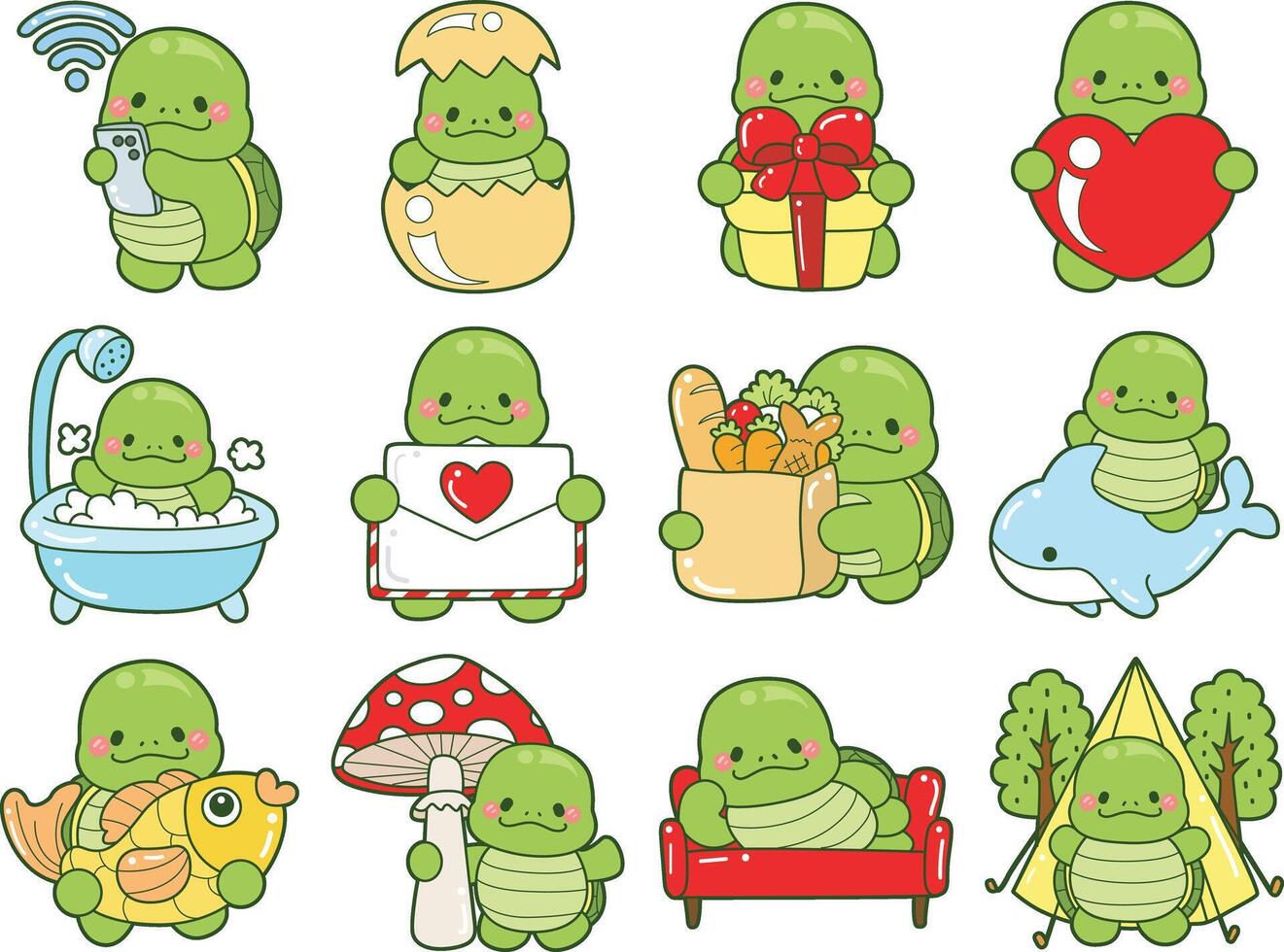 Variation of activity daily routine of cute turtle. Kawaii turtle daily life sticker cute. Cute turtle mascot illustrations. vector